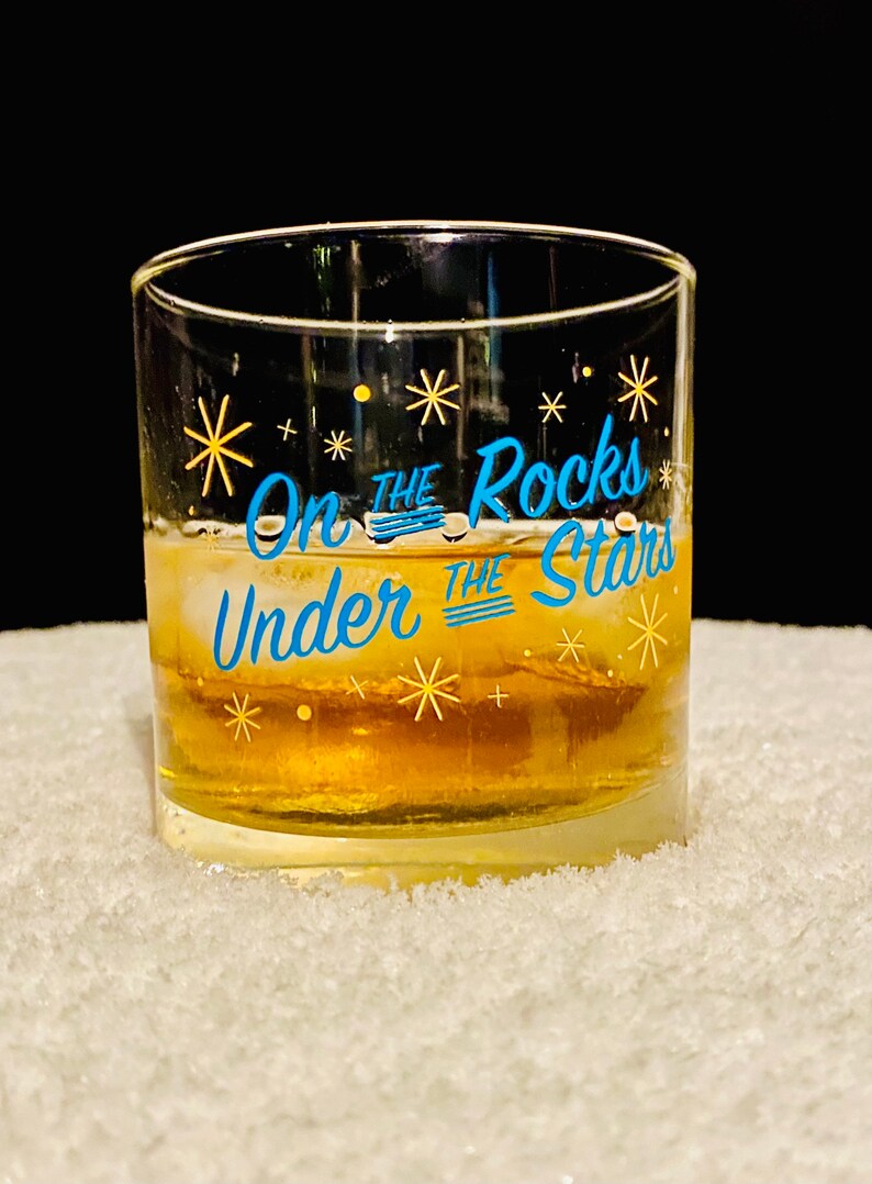 On the Rocks Under the Stars Whiskey Glass by Oh Geez Design Whiskey Rocks Glass Bourbon Glass Retro Starburst Whisky Rocks Glass image 3
