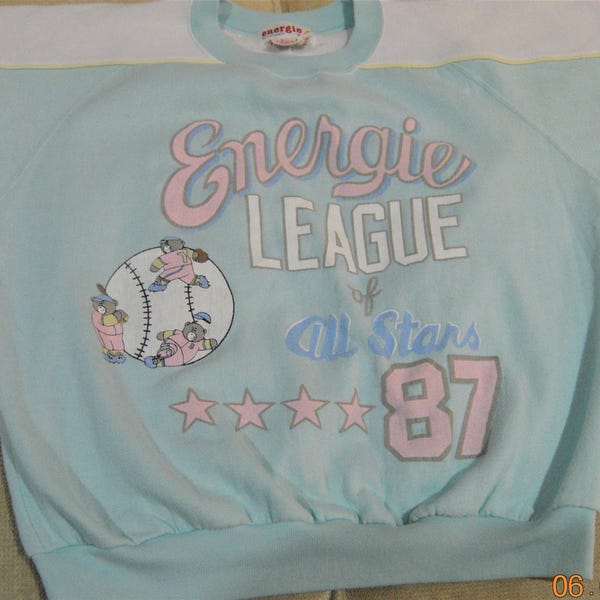 80's puff paint Sweatshirt,L, Bears and Baseball ,whats not to LOVE,Energie League All Stars 87 ,Light Green,Blue,Pink,Large