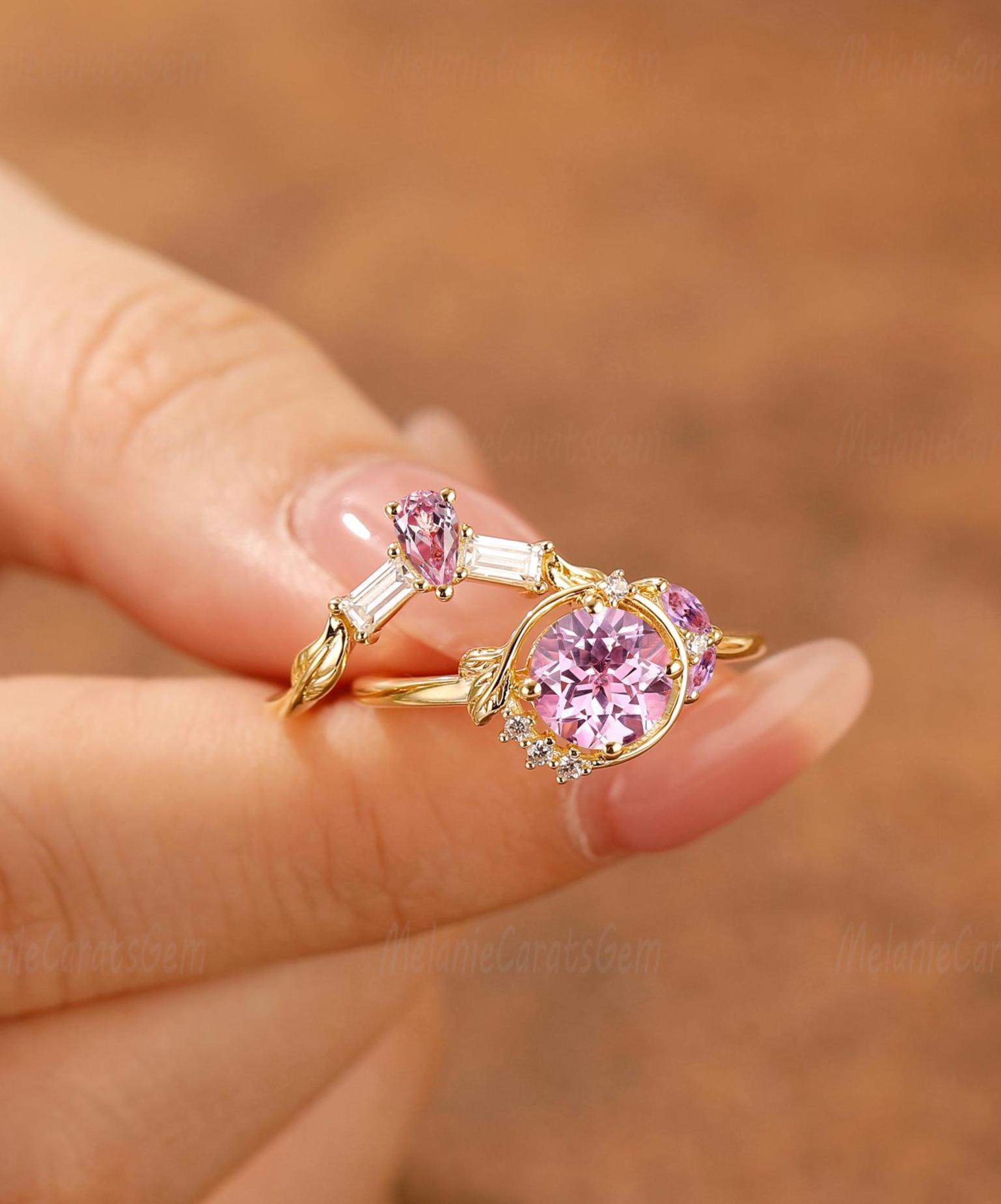 Antique Pink Sapphire Engagement Ring Set, Round Cut Engagement Ring, Unique Art Deco Moissanite Stacking Matching Band, Bridal Promise Set