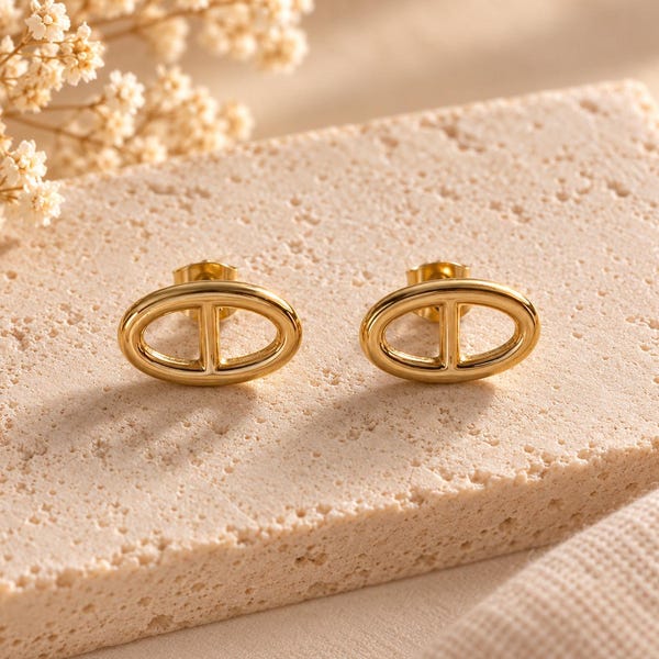 Link earrings, marine mesh, gold color, stainless steel