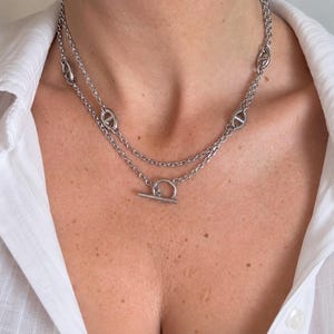 Collana extra lunga, catena marina, chiusura a T, colore argento, regolabile, acciaio inossidabile