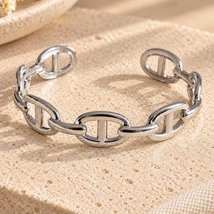 Bracelet jonc chaîne d'ancre, maille marine couleur argent, acier inoxydable