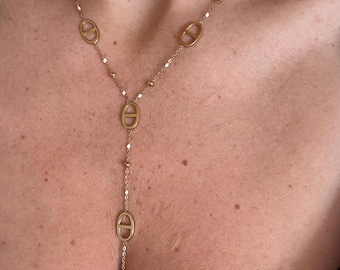 Collier cravate femme, maille marine, chaîne rosaire blanc, couleur or, acier inoxydable