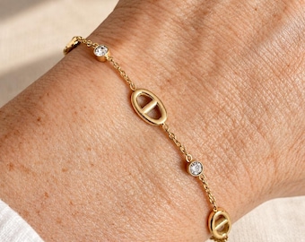 Damesarmband, marine mesh en strass-steentjes, goudkleurig, roestvrij staal