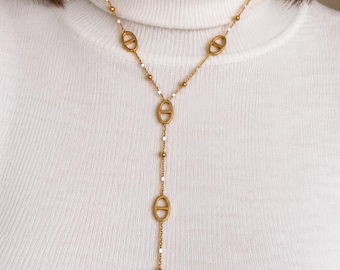 Collier cravate femme, maille marine, chaîne rosaire blanc, couleur or, acier inoxydable