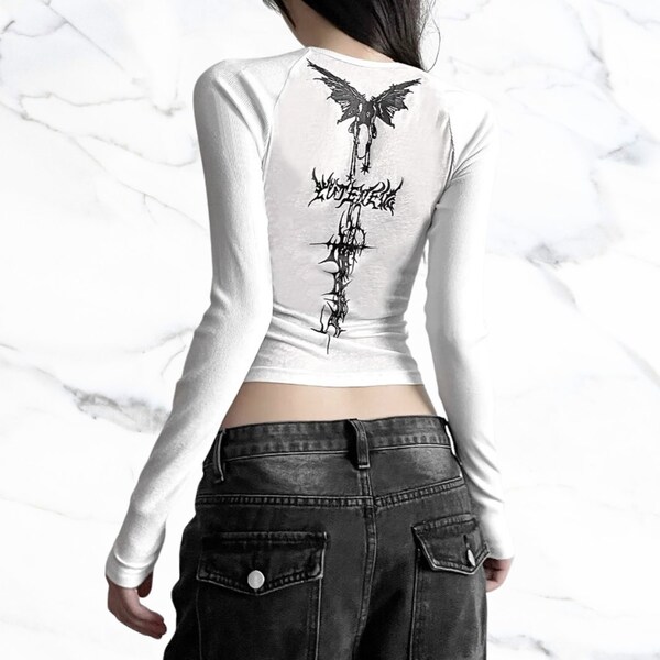 Gothic Cybersigilism Cropped T Shirt Long Sleeve Grunge Aesthetic Women's Top