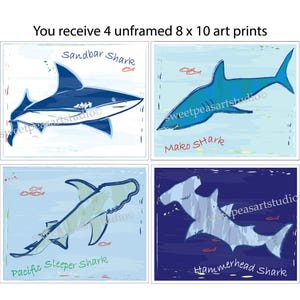 Shark art prints, coastal wall decor for kids bedroom or bathroom