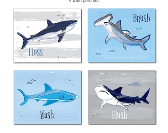 Shark bathroom art prints, Kids Bathroom Art Rules Decor, Flush Brush Wash Floss Art
