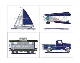 Transportation Art, blue pick truck,sailboat print,train artwork and airplane decor