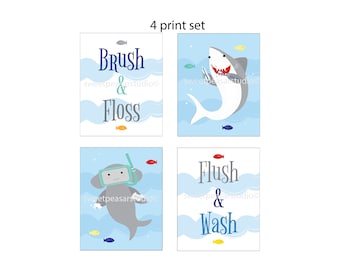 Shark bathroom Art, Kids Art Prints Decor, Shower Rules Pictures