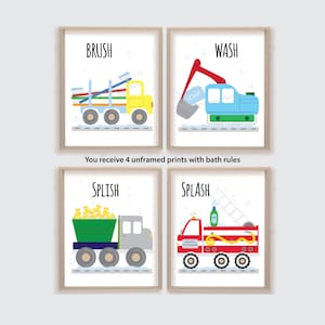 Bathroom Kids Art Prints, Trucks, Vehicles, Transportation Artwork
