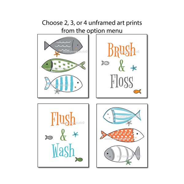 fish bathroom wall art prints, Bathroom Rules decor for children's neutral jack jill bath