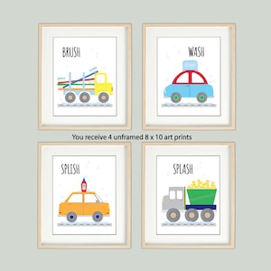 Cars and Trucks, Bathroom Kids Art Prints, unframed Transportation Artwork