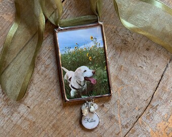 Custom Photo Ornament, Glass Keepsake, Mother of Pearl Charm