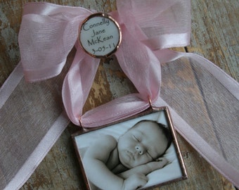 Custom Photo Ornament, Personalized Ribbon Charm, Copper Solder