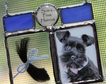 Adorno personalizado con foto de mascota, recuerdo de pelo, vitral