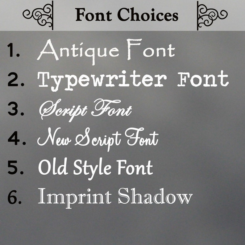 Puede incluir: Un fondo gris muestra el texto "Font Choices" y seis opciones de fuente. Las fuentes est&aacute;n etiquetadas del 1 al 6, con nombres como "Antique Font", "Typewriter Font" y "Script Font". Adornos decorativos enmarcan la parte superior de la imagen.