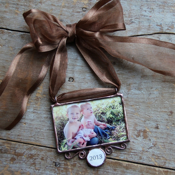 Personalized Photo Ornament, Soldered Glass Frame, Holiday Keepsake