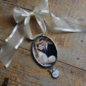 Photo Ornament, Hand-Cut Glass Oval Frame, Two-Sided  - Silver Antique Copper Options, Mother Of Pearl Charm, Ribbon Chain