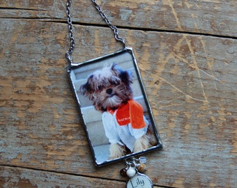 In Loving Memory Dog Photo Ornament with personalized mother of pearl charm