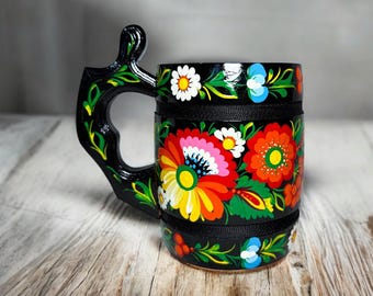 Houten bierpul met Petrykivka-schilderij, traditionele beker voor bier, rustieke bierpul, milieuvriendelijke mok van natuurlijk hout, handgemaakt biercadeau
