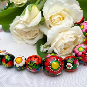 Hand-Painted Wooden Bead Necklace – Ukrainian Folk Jewelry with Petrykivka Floral Design, Traditional Ethnic Accessory, Boho Style