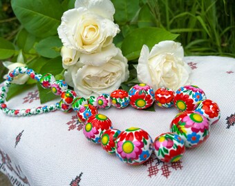 Wooden Floral Necklace, Hand-painted Necklace, Galentine Gift, Valentine's Day Gift for Daughter, Artisan Jewerly Gift, Gift for Girlfriend