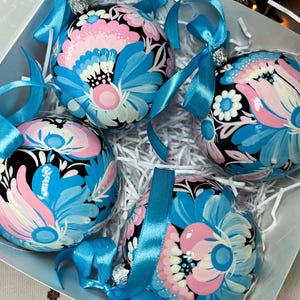 Set of 4 hand painted Christmas ornaments, Ukrainian Christmas ornaments, Pastel blue flower Christmas baubles, Personalized balls 3.2 in