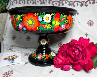 Hand Painted Candy Dish on Pedestal – Petrykivka Folk Art Bowl – Ukrainian Decorative Wooden Dish – Traditional Gift from Ukraine