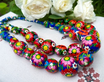 Hand-painted Floral Necklace, Wooden Beads, Handmade Gift for Girlfriend, Galentine Gift, New Mom Valentines Gift, Petrykivka Art Necklace
