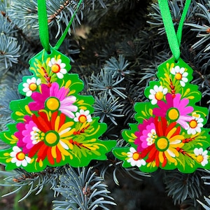 Hand painted Ukrainian Christmas ornament | Handmade wooden Christmas tree ornament | Green christmas tree decoration