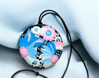 Wooden Ukrainian Hand Painted Blue&Pink Pendant, Handmade Jewerly Necklace, Handcrafted Wooden Floral Accessories, Gift for Daughter in Law