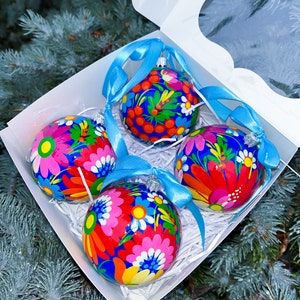 Hand-painted set of Christmas ornaments 4 pcs | Handmade Ukrainian Christmas ornaments 3.2 in | Petrykivka Christmas tree ball ornaments set