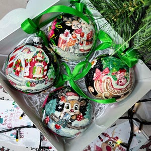 Christmas ornament set, Hand-painted Ukrainian Christmas ornaments 3.2 in, Set of 4 Christmas baubles, Petrykivka tree balls, Santa, Deer