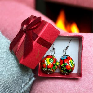 Lightweight earrings | Painted Ukrainian hanging earrings | Poppy wooden earrings - Ukrainian jewelry | Petrykivka earrings