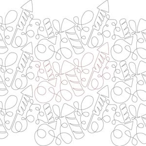 May include: A repeating pattern of stylized fireworks and swirling lines in a continuous line drawing style. The design features rockets with arrow-shaped tips and decorative swirls, all in a monochromatic color scheme.