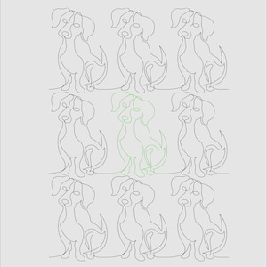 Pode incluir: Uma grade de nove ilustrações de cães dispostas em três linhas e três colunas. Oito cães são delineados com linhas pretas sólidas, enquanto o cão central é delineado com uma linha verde pontilhada sobre um fundo de cor cinza claro.
