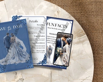 Blue Wedding Invitation Suite,  Invite Set with Details Card, Rsvp, Fun Fact wedding game, Editable, Printable Templates Bundle