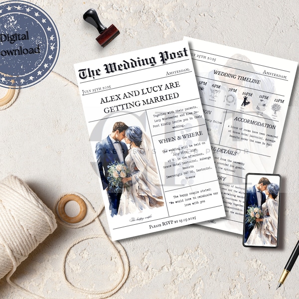 Wedding Newspaper Canva Edit, News Paper Program Template, Infographic Photo Invitation DIY Printable Instant Digital Download