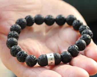 Personalised Men&#39;s Lava Bead Bracelet | Mens Beaded Bracelet | Black Bracelet for Men | Engraved Jewellery | Handmade Gifts for Him