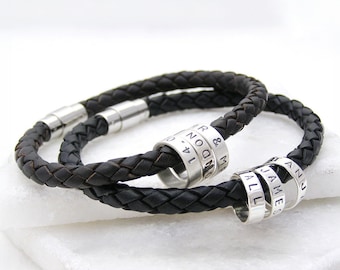 Personalised Men&#39;s Leather Bracelet with Silver Hoops | Braided Leather Bracelet | Father&#39;s Day Gift | Family Name Bracelet for Dad