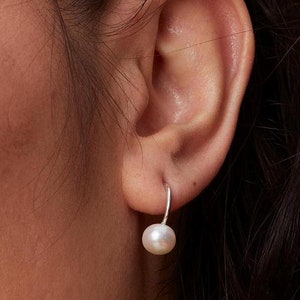Modern Freshwater Pearl Drop Earrings with Silver Ball Fastening