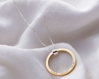 Personalised Solid 9ct Yellow Gold Circle Necklace, Handmade Gold Necklace, Mantra Necklace , Family Names Necklace, Gold Necklace