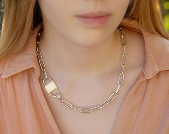 ゴールド＆シルバーの南京錠チェーン、パーソナライズされた南京錠ネックレス、ロックペーパークリップチェーンネックレス、ラブロック、ダブル南京錠ネックレス