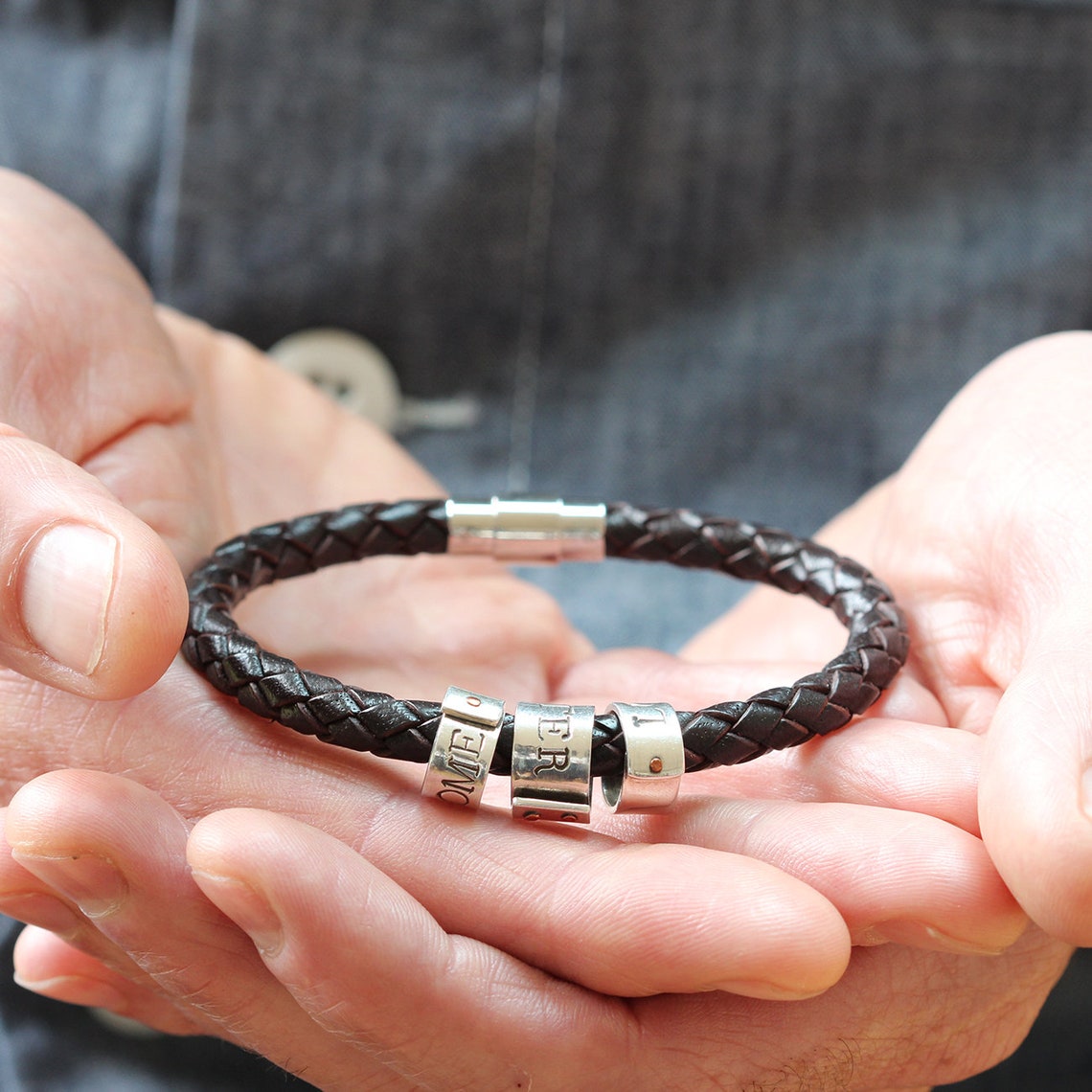 Personalised Silver & Leather Mens Bracelet | Unique Gift for Him ...