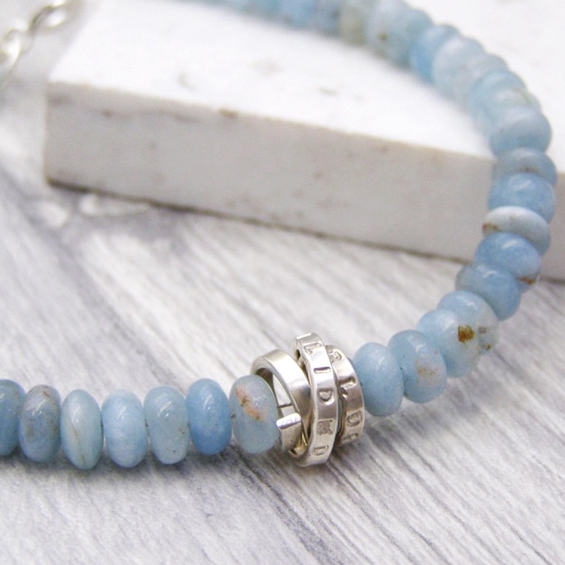 Aquamarine Personalised Sterling Silver Bracelet March Birthstone Jewellery Unique Gift For Her Personalized Jewelry Mantra Bracelet image 6