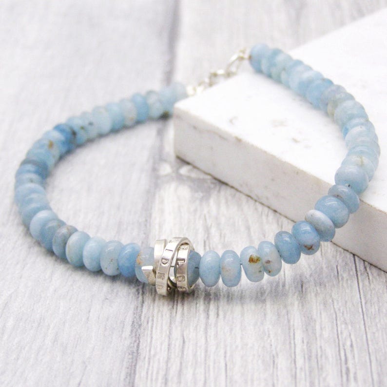 Aquamarine Personalised Sterling Silver Bracelet March Birthstone Jewellery Unique Gift For Her Personalized Jewelry Mantra Bracelet image 1