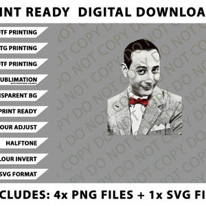 May include: Digital download graphic with a black and white image of a man in a suit and red bow tie. Text includes "Print Ready Digital Downloads" and options for DTF, DTG, UVDTF printing, sublimation, and more. Includes 4 PNG files and 1 SVG file.