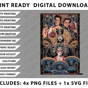 Puede incluir: Gráfico de descarga digital con un cartel de película con varios personajes, incluido un hombre que sostiene un arma. La imagen tiene un borde negro e incluye texto como "Print Ready Digital Downloads" e "Includes: 4x PNG Files + 1x SVG File."