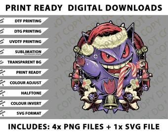 Christmas Ghost, Xmas Gengar Png Bundle, SVG Files, Digital Downloads